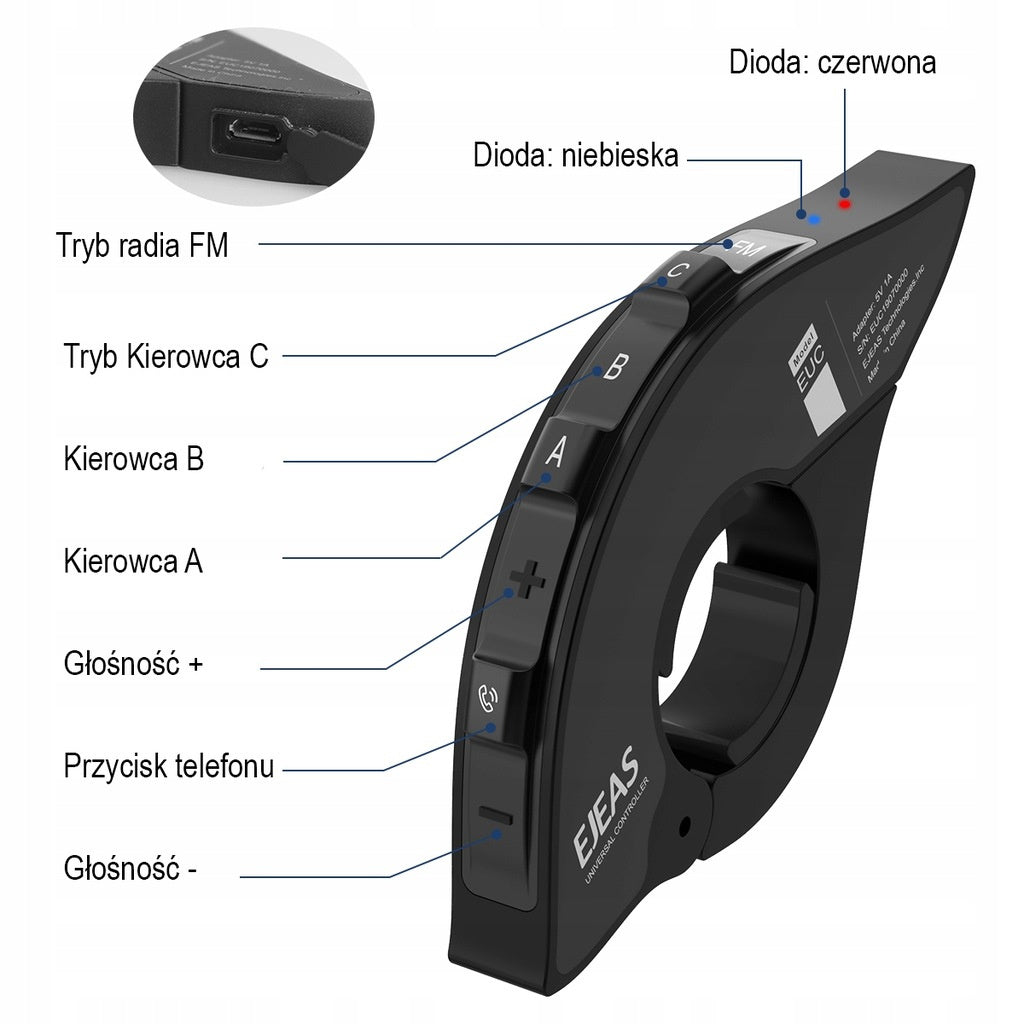 Pilot Sterowania do intercomów motocyklowych na kierownice EJEAS Bluetooth