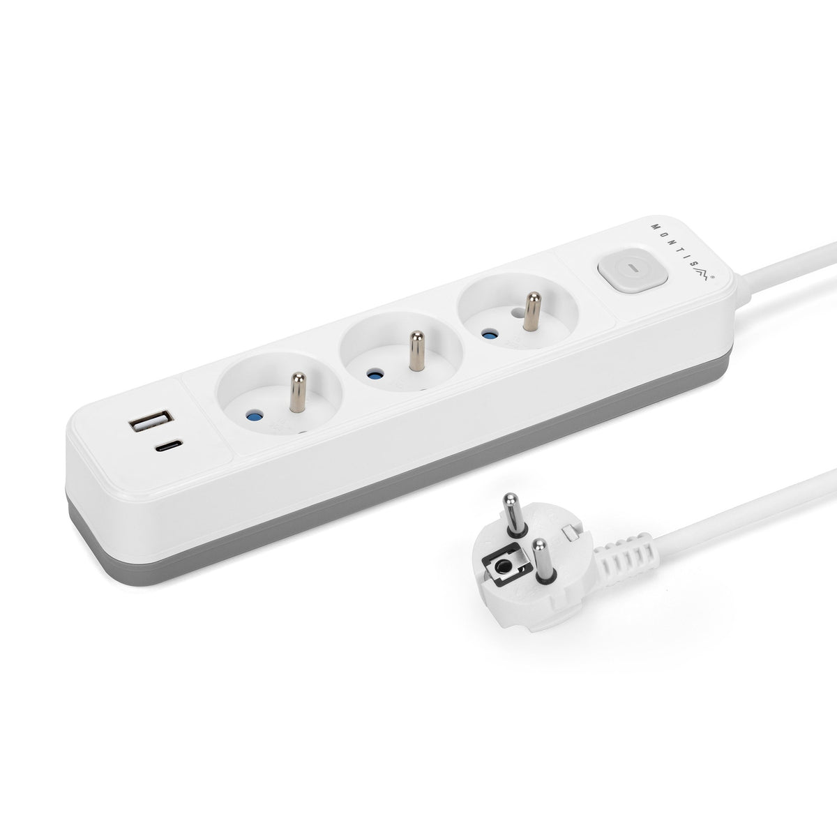 Przedłużacz elektryczny biało-szary 3-gniazdowy z USB MONTIS 1,5m MT185-WG-1,5