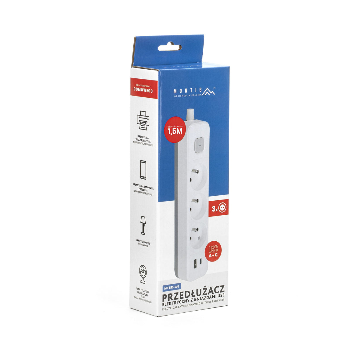 Przedłużacz elektryczny biało-szary 3-gniazdowy z USB MONTIS 1,5m MT185-WG-1,5