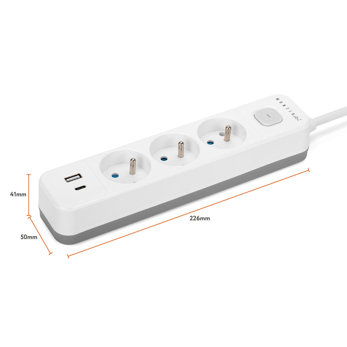 Przedłużacz elektryczny biało-szary 3-gniazdowy z USB MONTIS 1,5m MT185-WG-1,5