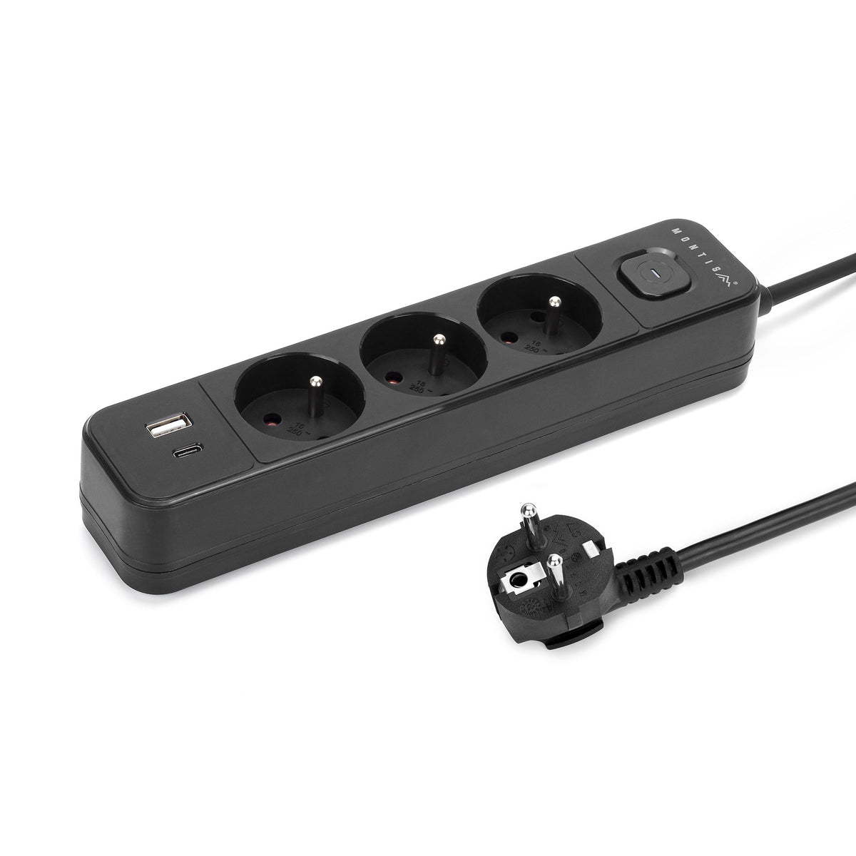 Przedłużacz elektryczny czarny 3-gniazdowy z USB MONTIS 3m MT185-BK-3