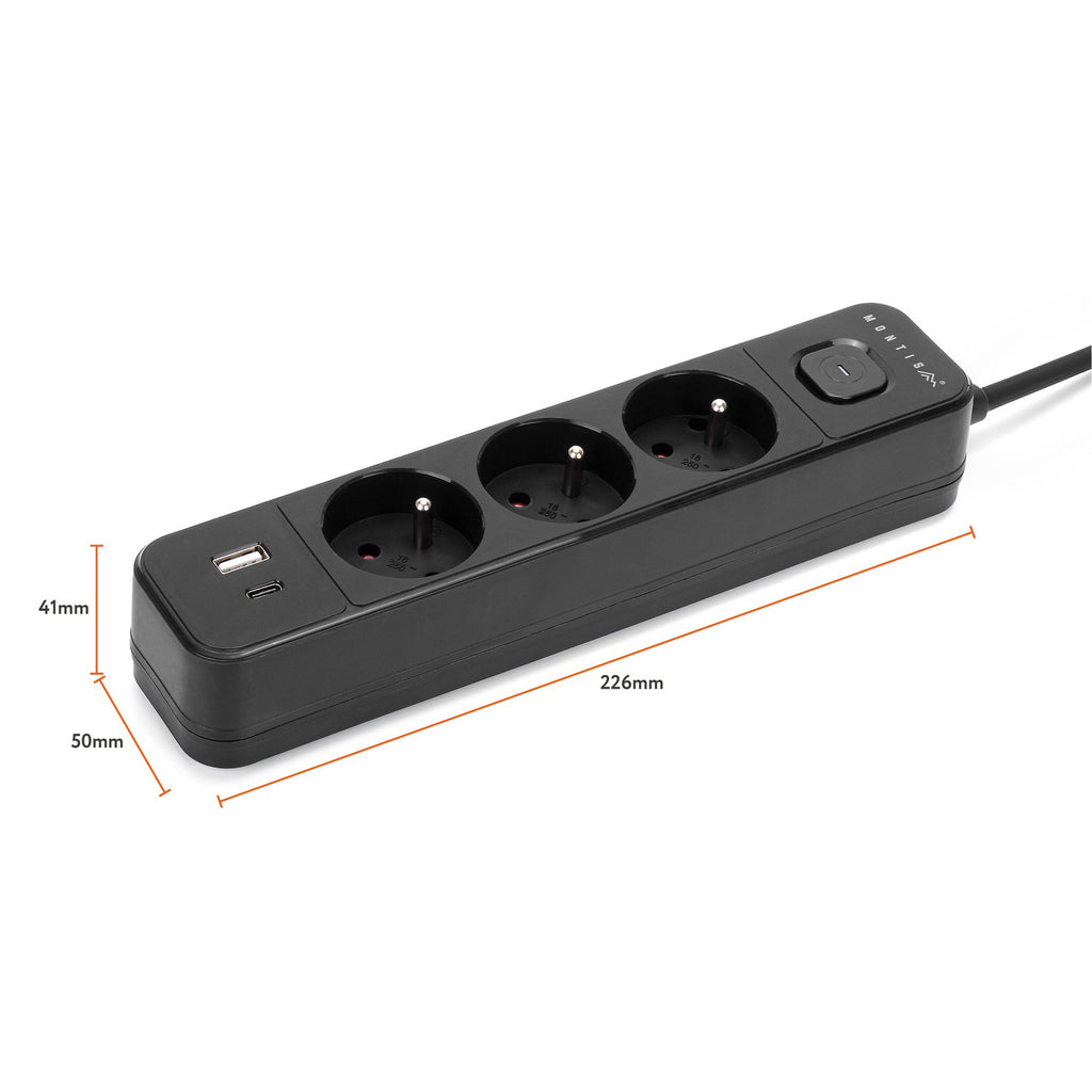 Przedłużacz elektryczny czarny 3-gniazdowy z USB MONTIS 5m MT185-BK-5