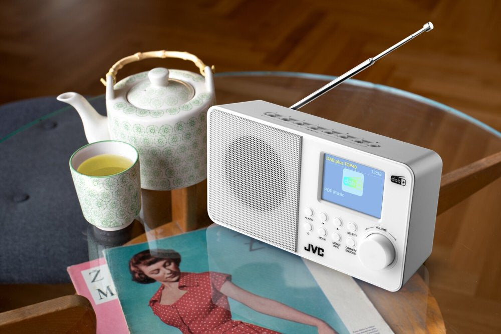Radio sieciowo-bateryjne DAB+, FM JVC RA-E611W-DAB BestTuneTM z budzikiem