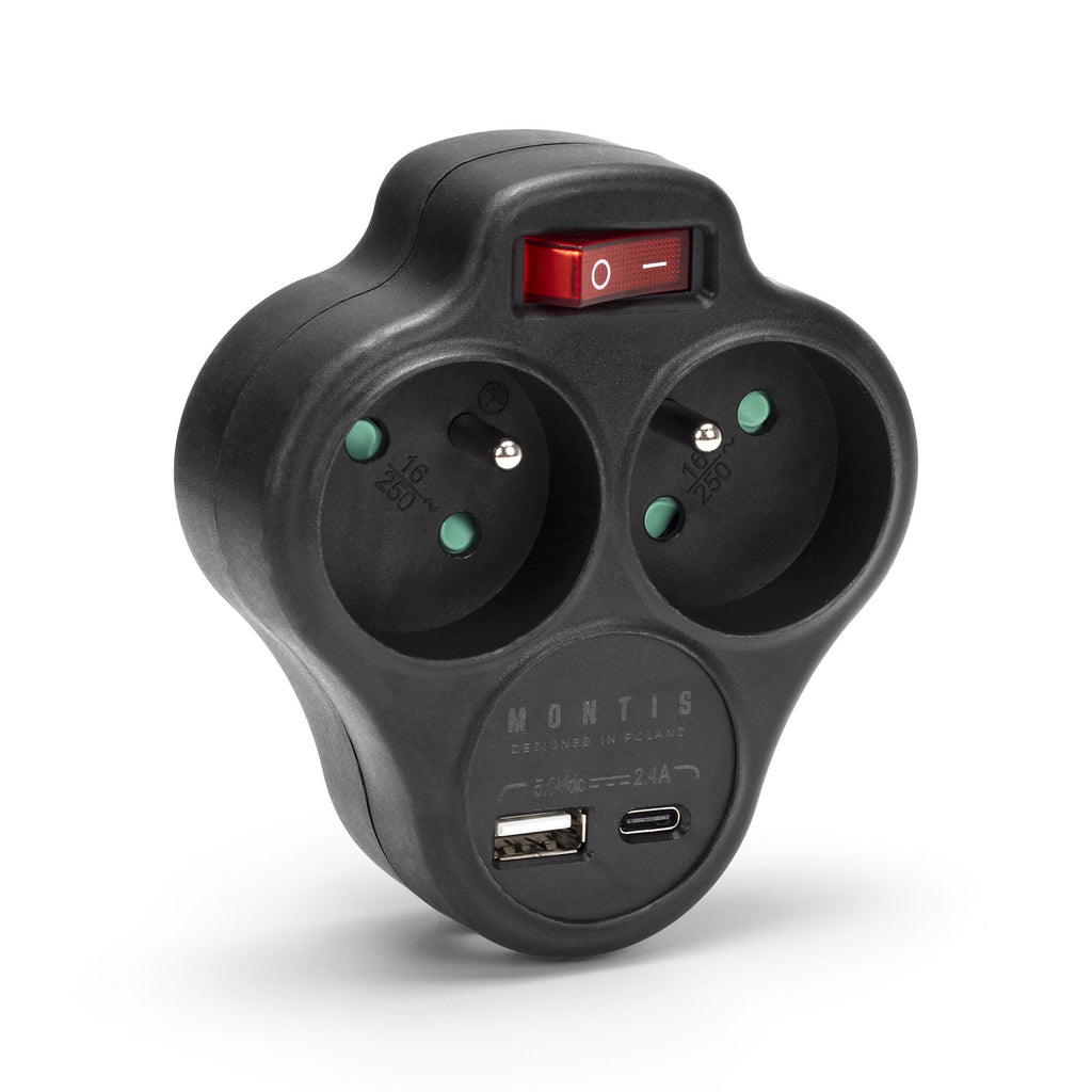 Rozgałęźnik sieciowy podwójny z wyłącznikiem i gniazdami USB czarny MT144-BK