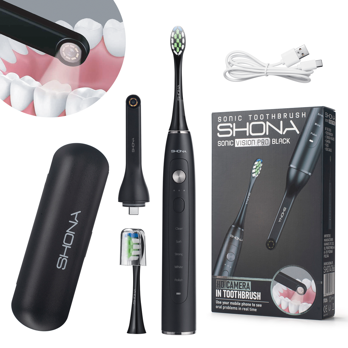 Soniczna szczoteczka do zębów SHONA sonic vision pro black + kamera Wi-fi