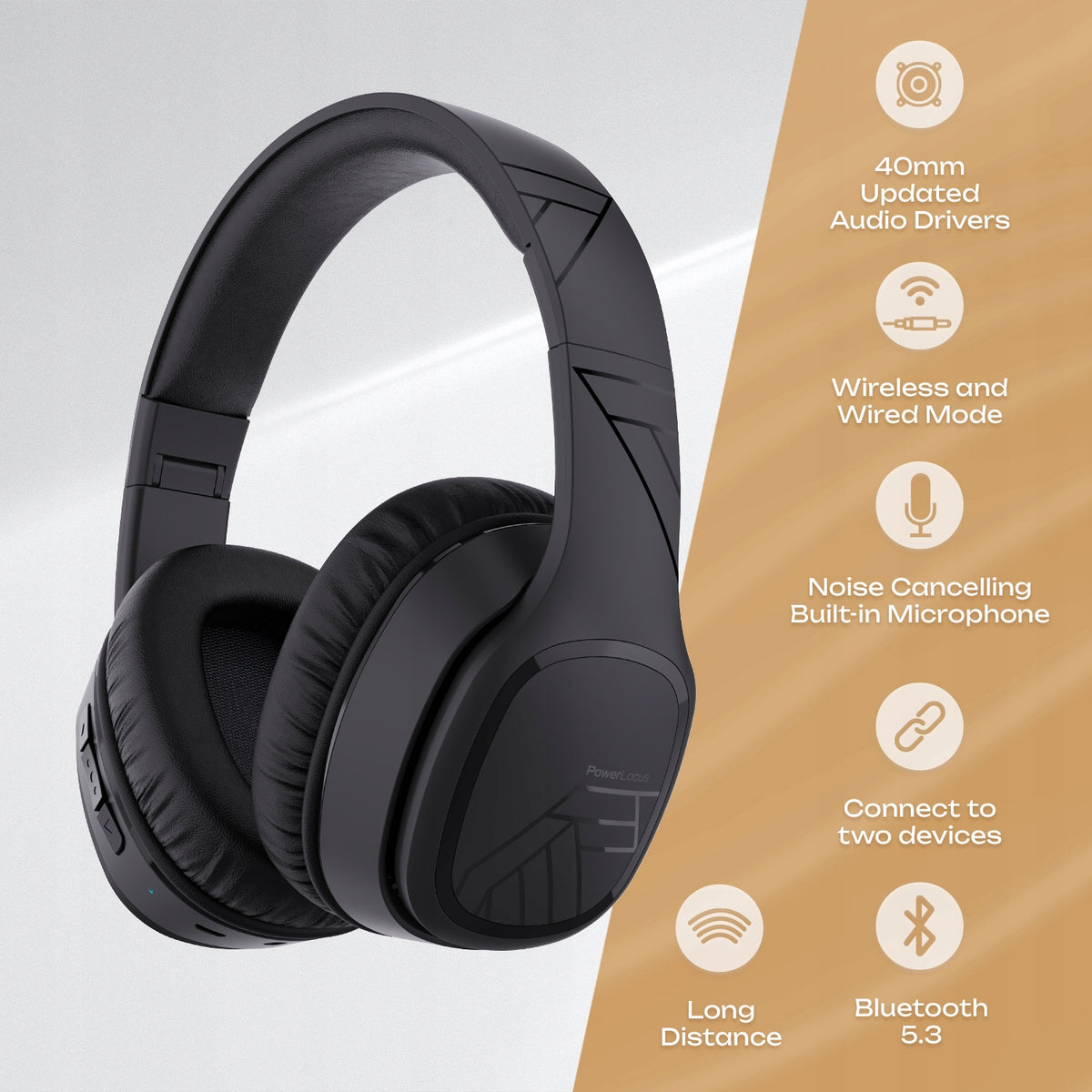 Słuchawki Bluetooth PowerLocus P7 Black Over-Ear Mikrofon AUX BT 50h