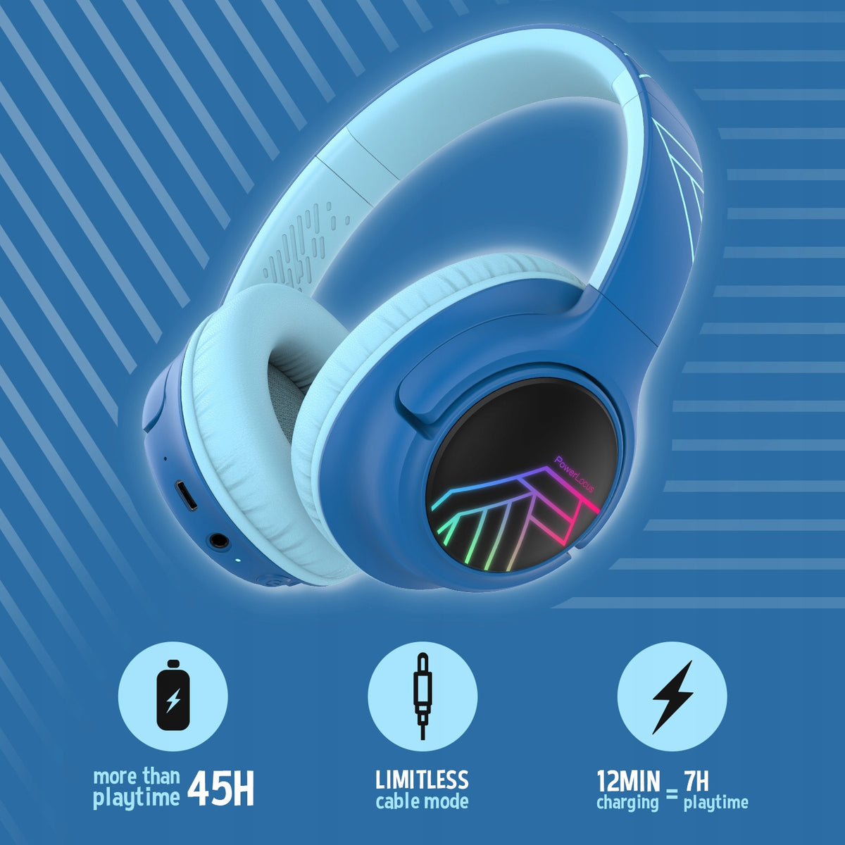 Słuchawki dla dzieci PowerLocus Bobo BlackBlue bezprzewodowe LED / AUX
