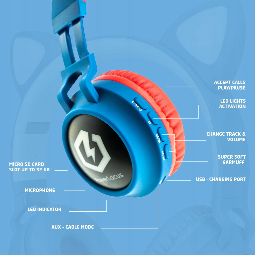 Słuchawki dla dzieci PowerLocus Buddy BlueRed bezprzewodowe LED MikroSD AUX