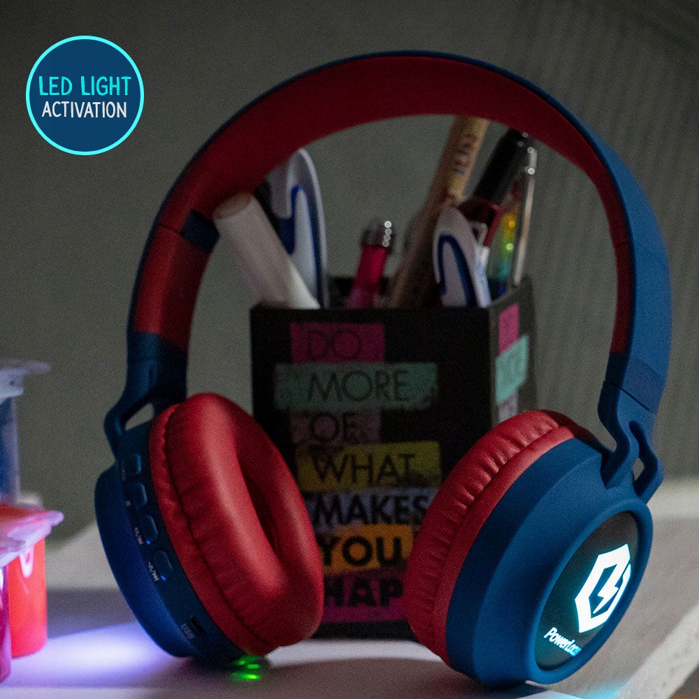 Słuchawki dla dzieci PowerLocus Buddy BlueRed bezprzewodowe LED MikroSD AUX