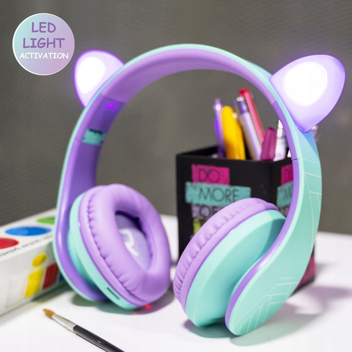 Słuchawki dla dzieci PowerLocus Kids TealPurple cat bezprzewodowe Bluetooth