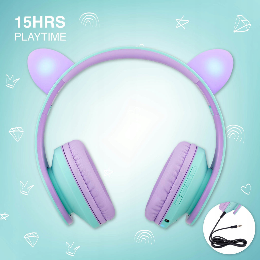 Słuchawki dla dzieci PowerLocus Kids TealPurple cat bezprzewodowe Bluetooth