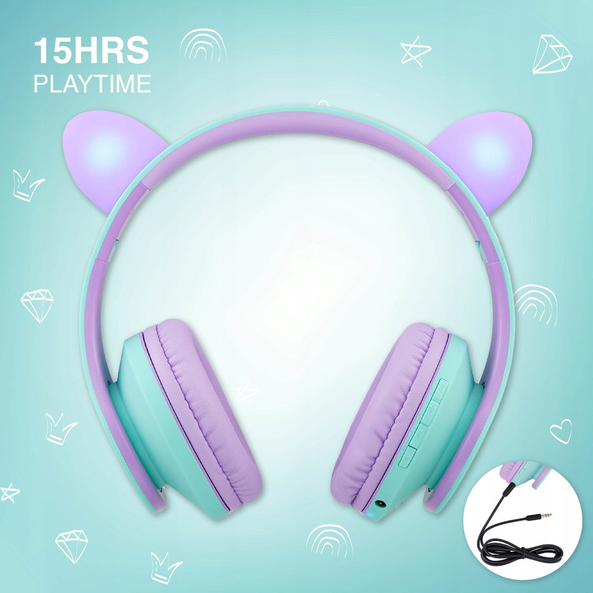 Słuchawki dla dzieci PowerLocus Kids TealPurple cat bezprzewodowe Bluetooth