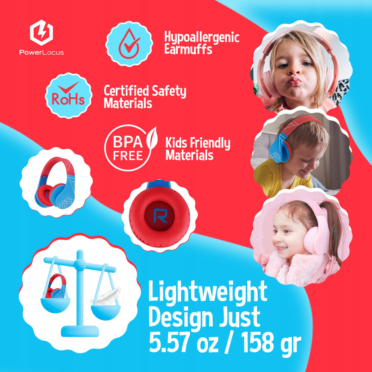 Słuchawki dla dzieci bezprzewodowe wokółuszne PowerLocus P1Kids kabel etui
