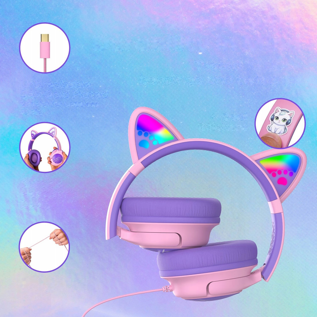 Słuchawki przewodowe USB-C dla dzieci PowerLocus Bobo Cat Ears Wired