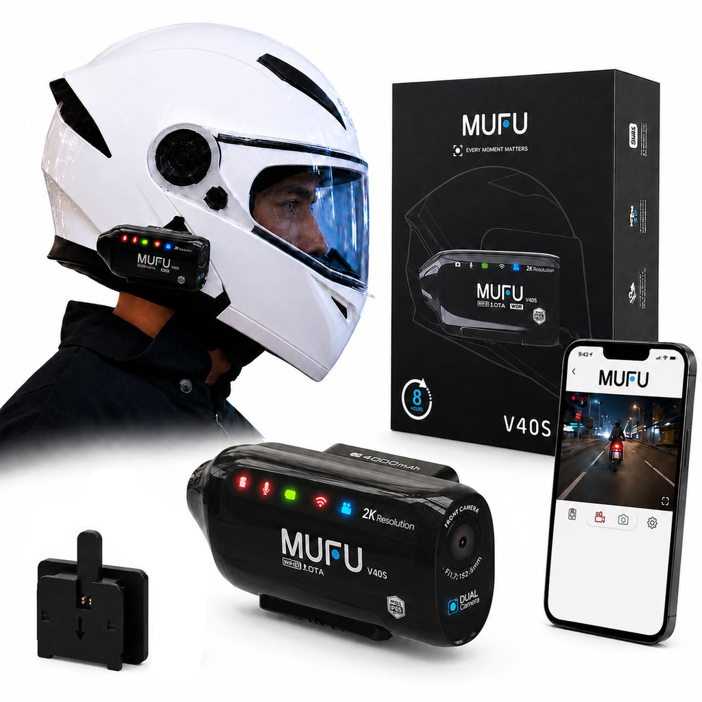 Wideorejestrator motocyklowy MUFU V40S (2k) przód + tył (8h) + akcesoria