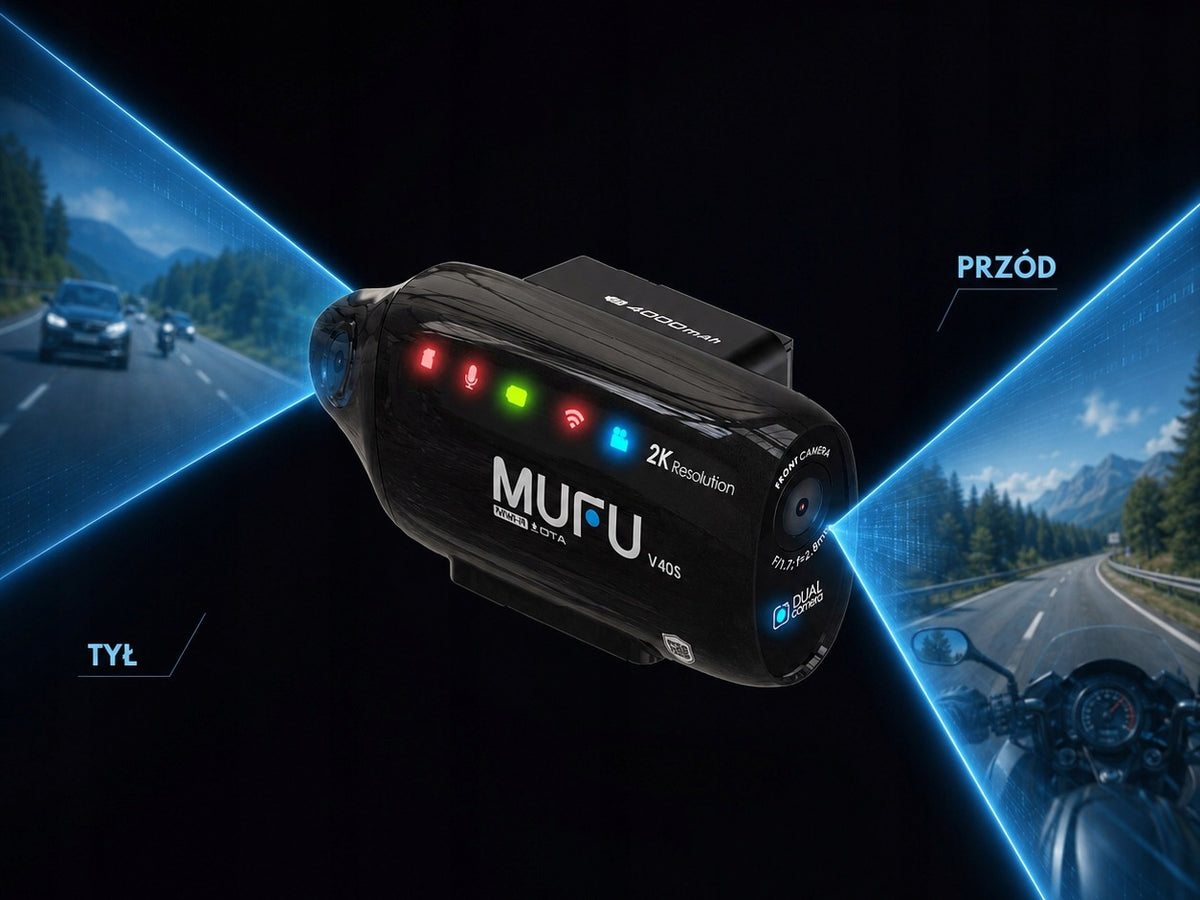 Wideorejestrator motocyklowy MUFU V40S (2k) przód + tył (8h) + akcesoria