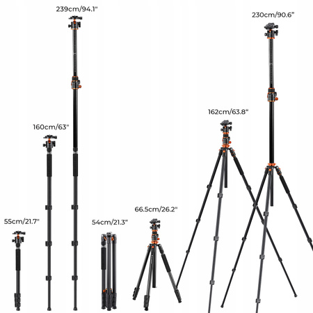 Statyw fotograficzny 230cm K&F T254A7 łamana kolumna monopod tripod 360