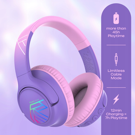 Słuchawki DLA DZIECI PowerLocus Bobo Purple BEZPRZEWODOWE LED AUX